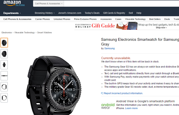 Samsung Gear S3 Nu tilgængelig på Amazon.com