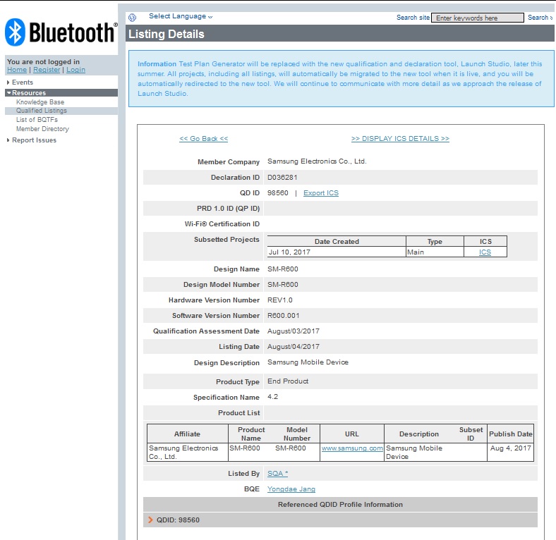 Samsung Smartwatch SM-R600 modtaget Bluetooth-certificering